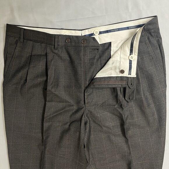 Canali Men's 100% Wool Flat Front Dress Pants Brown Plaid • Italy • 38x30 Flawed - Picture 9 of 15